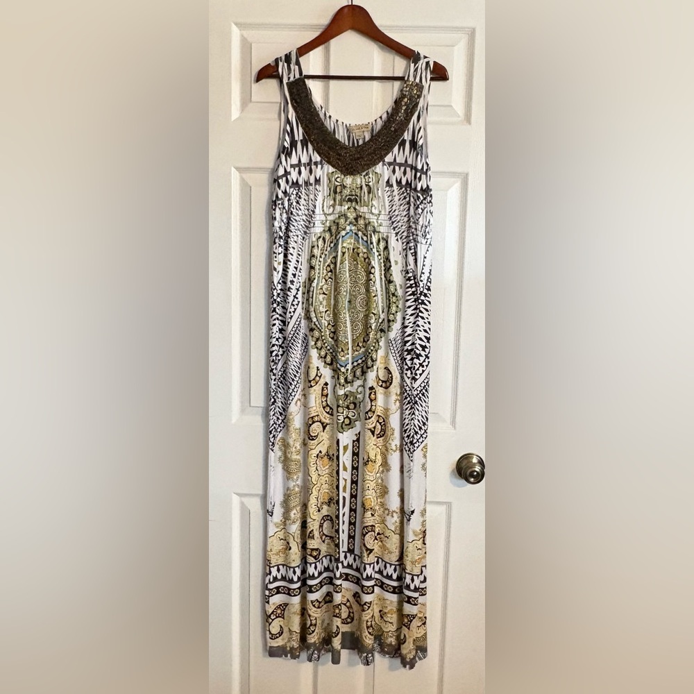 Live and Let Live Boho Chic Beaded Paisley Mandala Print Maxi Dress Size Xlarge